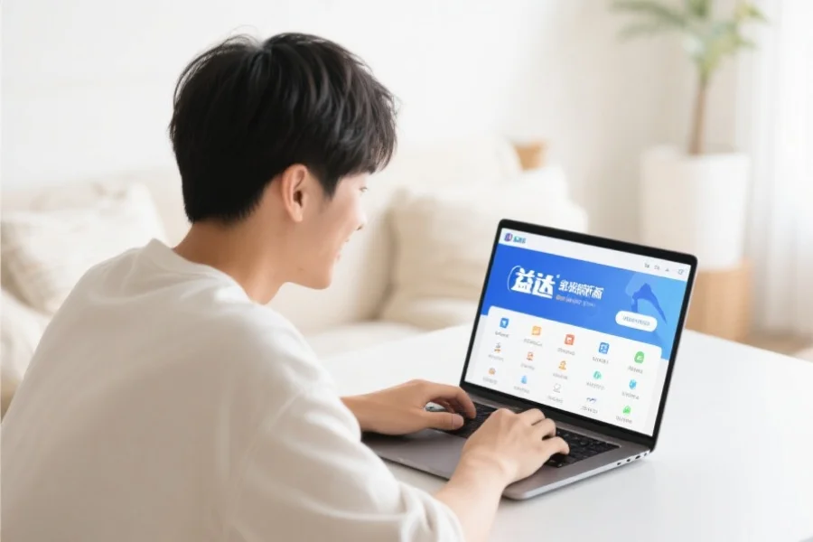 一位年轻用户在明亮舒适的室内环境中愉快地使用笔记本电脑，屏幕上展示恒行6客户端新版界面